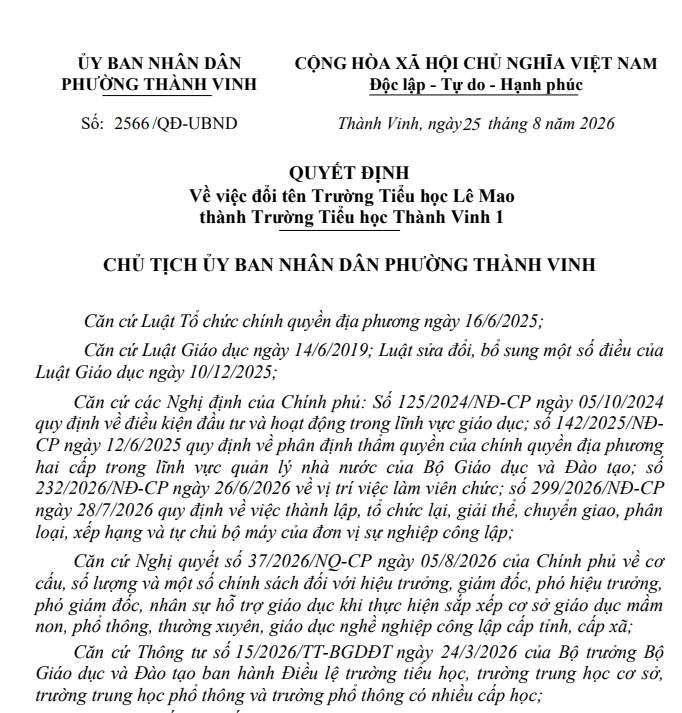 Quyết định về việc đổi tên Trường Tiểu học Lê Mao thành Trường Tiểu học Thành Vinh 1.